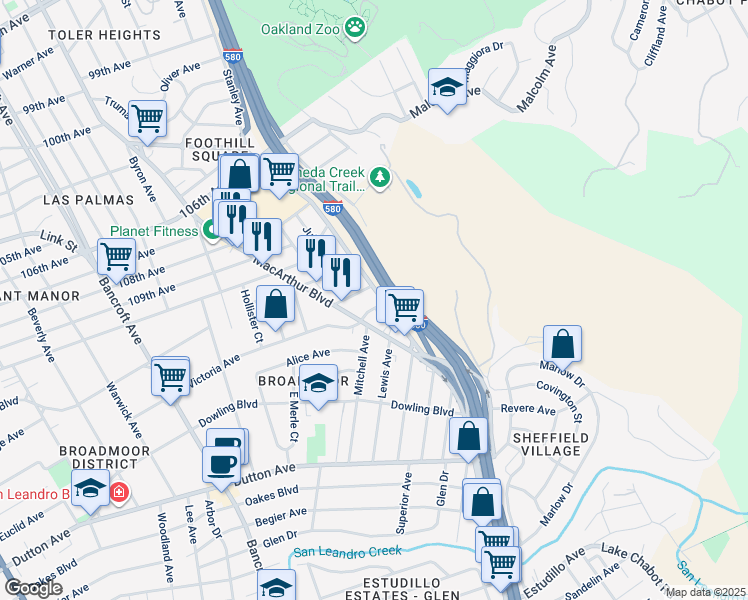 map of restaurants, bars, coffee shops, grocery stores, and more near 1175 Westbay Avenue in San Leandro