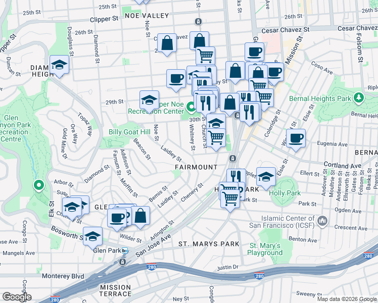 map of restaurants, bars, coffee shops, grocery stores, and more near 241 Randall Street in San Francisco