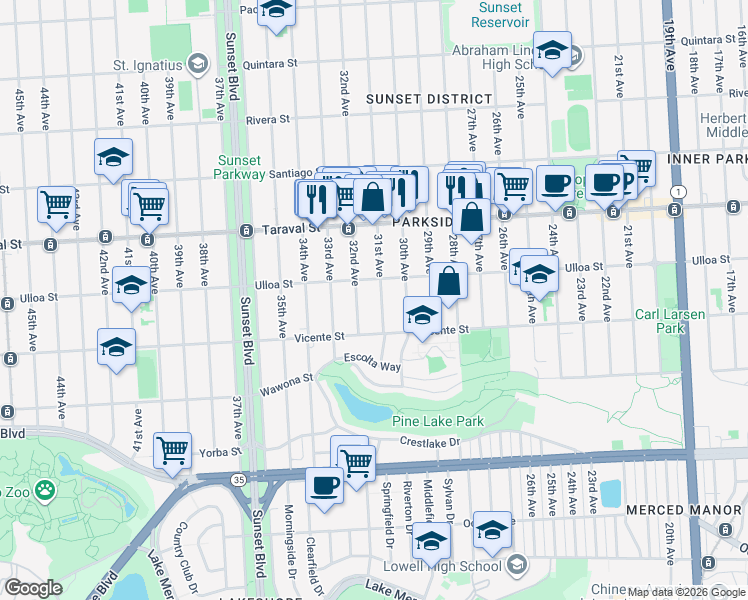 map of restaurants, bars, coffee shops, grocery stores, and more near 2531 31st Avenue in San Francisco