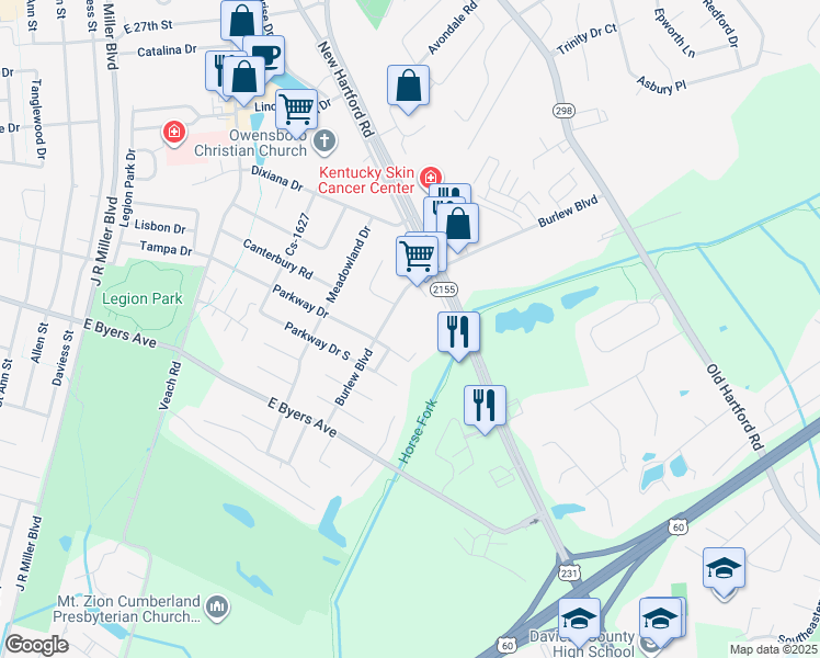 map of restaurants, bars, coffee shops, grocery stores, and more near 3071 Burlew Boulevard in Owensboro