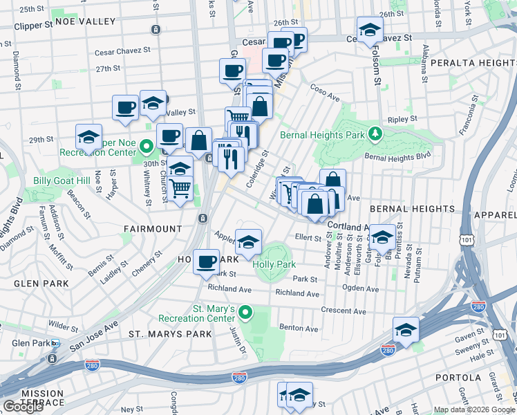 map of restaurants, bars, coffee shops, grocery stores, and more near 101 Santa Marina Street in San Francisco