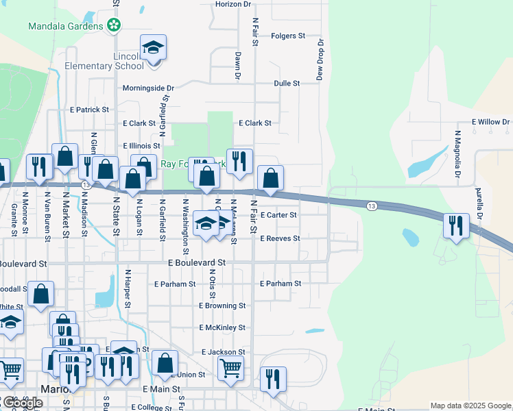 map of restaurants, bars, coffee shops, grocery stores, and more near 1010 E Dickinson Dr in Marion