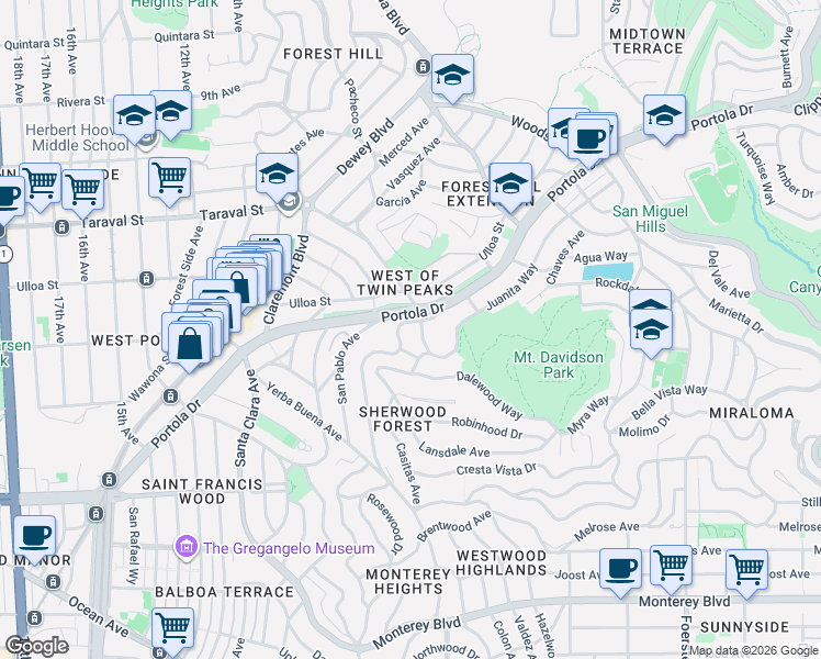 map of restaurants, bars, coffee shops, grocery stores, and more near 25 Miraloma Drive in San Francisco