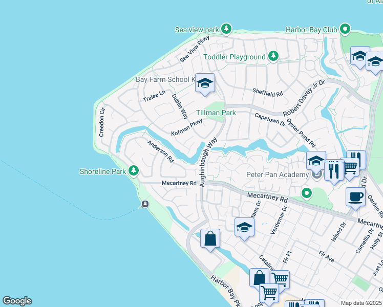 map of restaurants, bars, coffee shops, grocery stores, and more near 86 Kilkenny Place in Alameda
