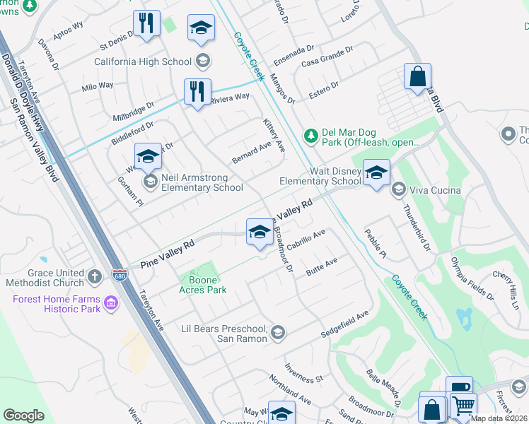 map of restaurants, bars, coffee shops, grocery stores, and more near 212 Ramon Place in San Ramon