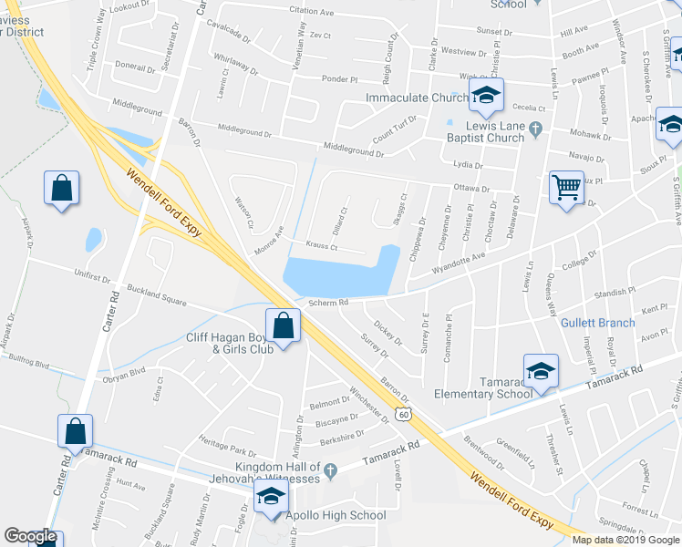 map of restaurants, bars, coffee shops, grocery stores, and more near 2381 Barron Drive in Owensboro