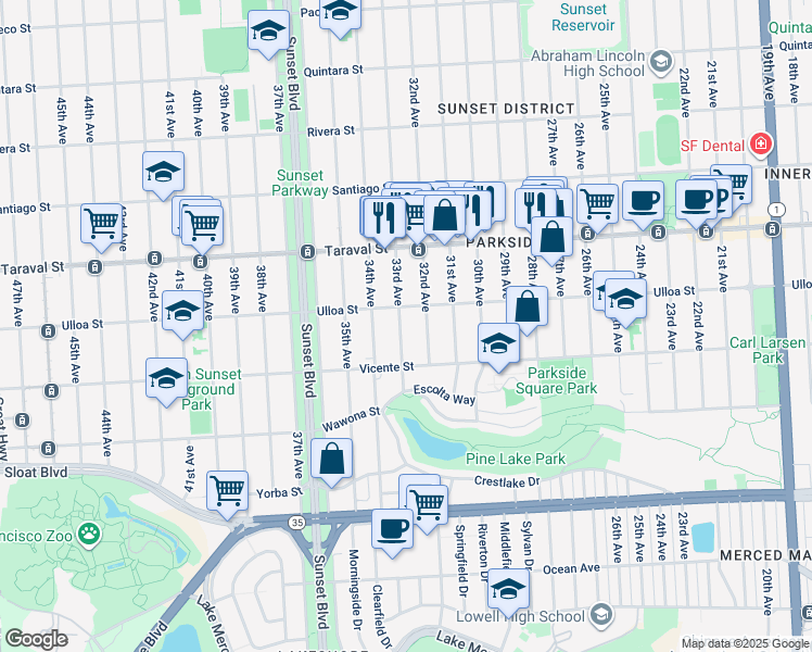 map of restaurants, bars, coffee shops, grocery stores, and more near 2530 33rd Avenue in San Francisco