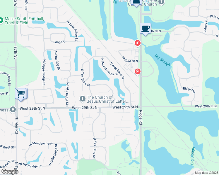 map of restaurants, bars, coffee shops, grocery stores, and more near 7514 West Shadow Lakes Street in Wichita