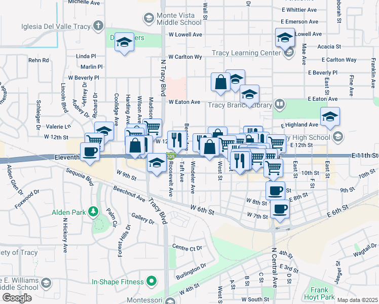 map of restaurants, bars, coffee shops, grocery stores, and more near 445 Eleventh Street in Tracy