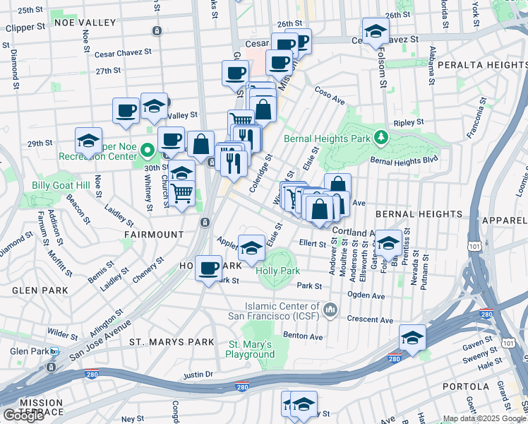 map of restaurants, bars, coffee shops, grocery stores, and more near 108 Cortland Avenue in San Francisco