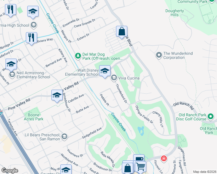 map of restaurants, bars, coffee shops, grocery stores, and more near 132 Pebble Place in San Ramon