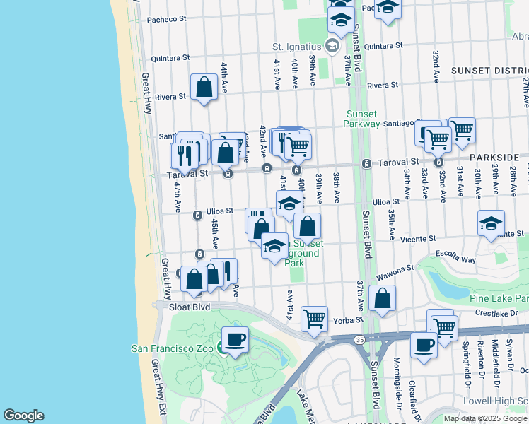 map of restaurants, bars, coffee shops, grocery stores, and more near 2501 42nd Avenue in San Francisco