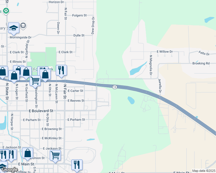 map of restaurants, bars, coffee shops, grocery stores, and more near 1399 East Deyoung Street in Marion