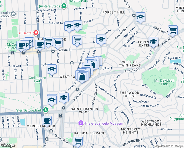 map of restaurants, bars, coffee shops, grocery stores, and more near 57 West Portal Avenue in San Francisco