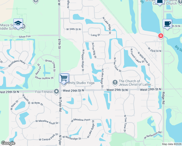 map of restaurants, bars, coffee shops, grocery stores, and more near 3110 N Pepper Ridge Ct in Wichita
