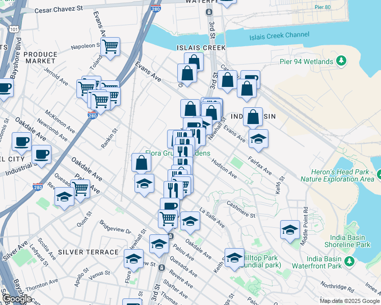 map of restaurants, bars, coffee shops, grocery stores, and more near 4128 3rd Street in San Francisco