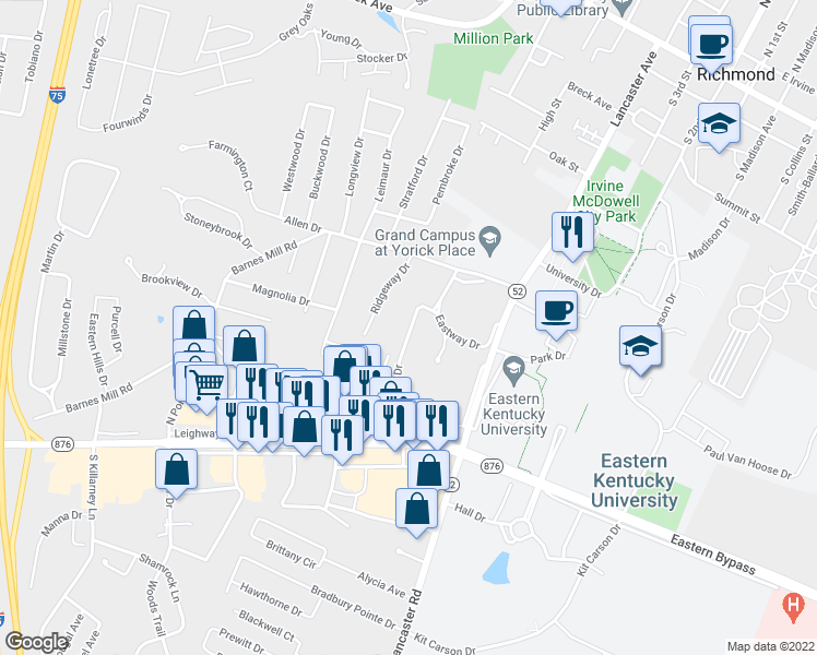 map of restaurants, bars, coffee shops, grocery stores, and more near 109 Southland Drive in Richmond