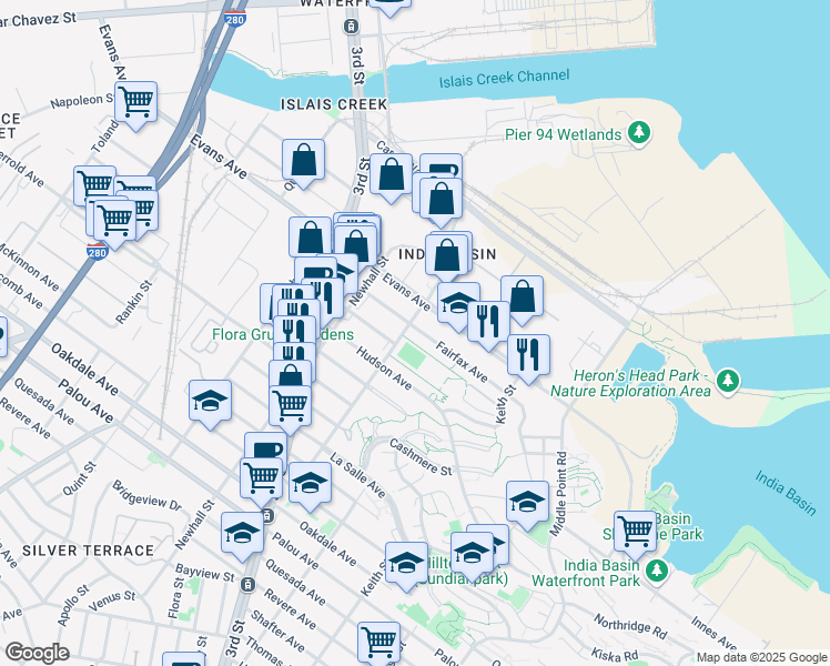 map of restaurants, bars, coffee shops, grocery stores, and more near 1395 Fairfax Avenue in San Francisco