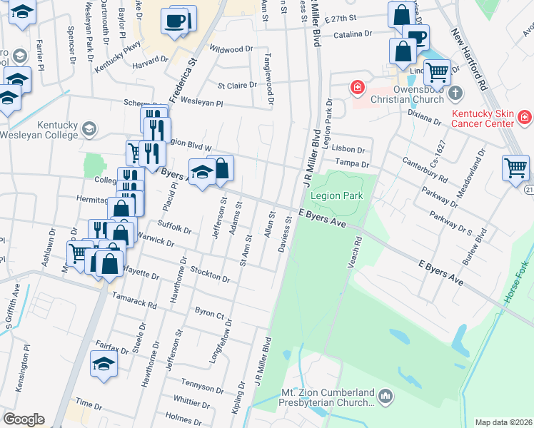 map of restaurants, bars, coffee shops, grocery stores, and more near 3204 Allen St in Owensboro