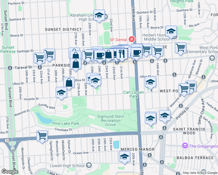 map of restaurants, bars, coffee shops, grocery stores, and more near 2556 23rd Avenue in San Francisco