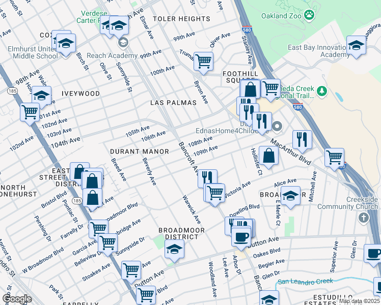 map of restaurants, bars, coffee shops, grocery stores, and more near 10822 Bancroft Avenue in Oakland