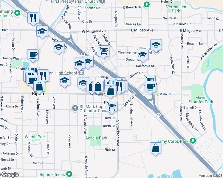 map of restaurants, bars, coffee shops, grocery stores, and more near 128 North Walnut Avenue in Ripon