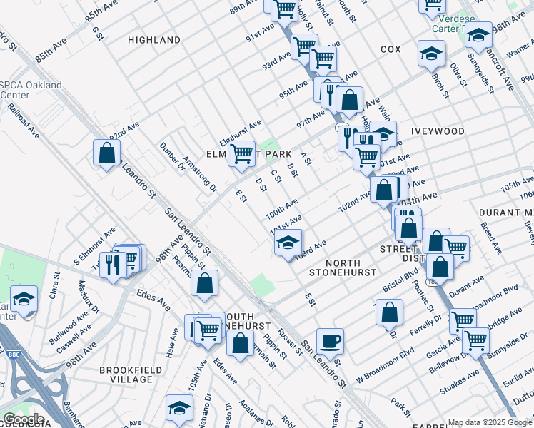 map of restaurants, bars, coffee shops, grocery stores, and more near 1073 100th Avenue in Oakland