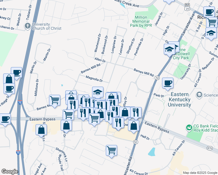 map of restaurants, bars, coffee shops, grocery stores, and more near 124 Meadowlark Drive in Richmond