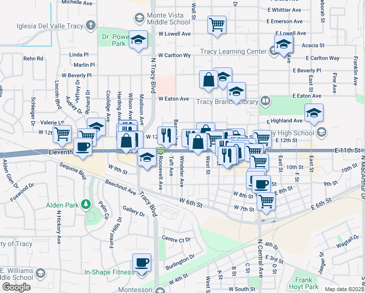 map of restaurants, bars, coffee shops, grocery stores, and more near 445 Eleventh Street in Tracy