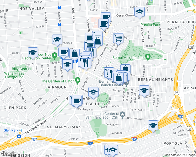 map of restaurants, bars, coffee shops, grocery stores, and more near 108 Cortland Avenue in San Francisco