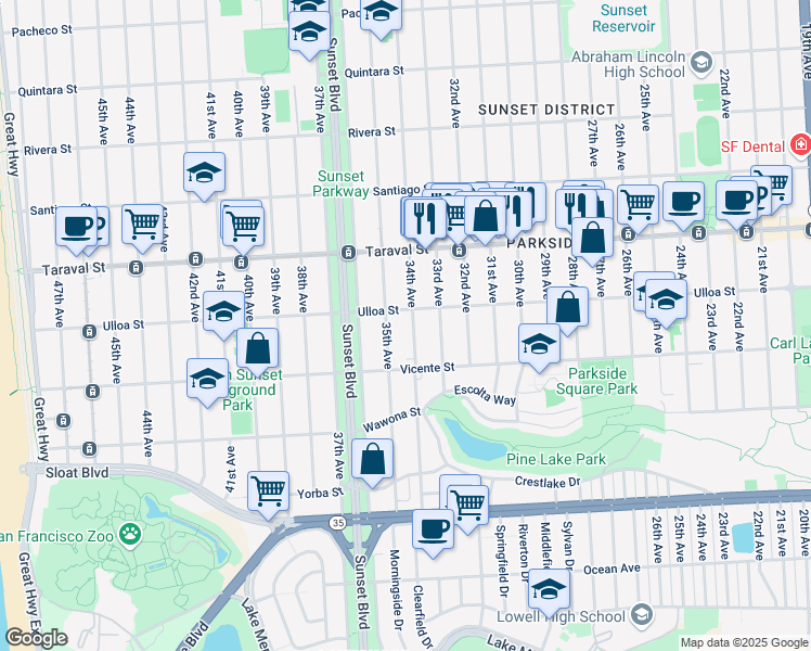 map of restaurants, bars, coffee shops, grocery stores, and more near 2522 34th Avenue in San Francisco