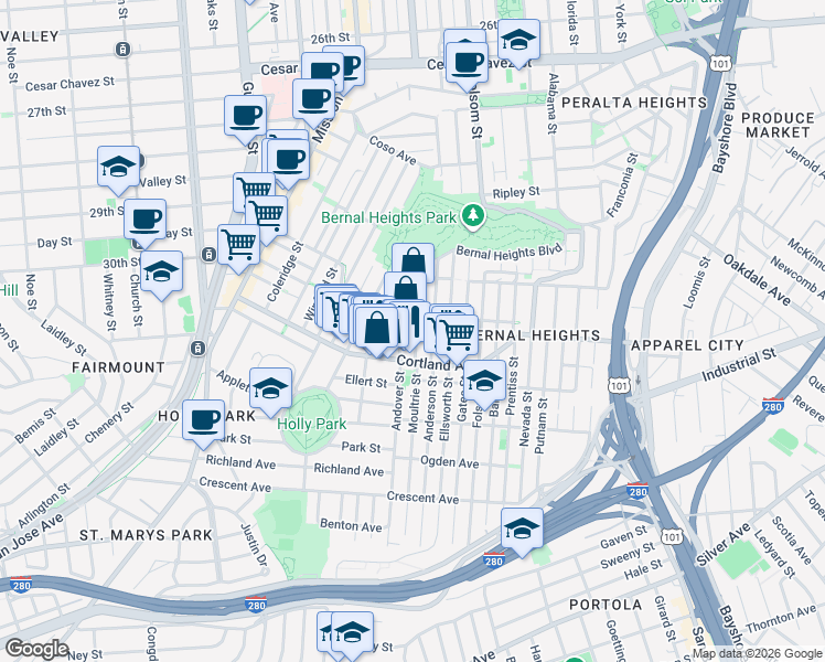 map of restaurants, bars, coffee shops, grocery stores, and more near 228 Andover Street in San Francisco