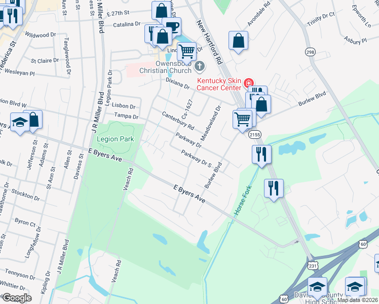 map of restaurants, bars, coffee shops, grocery stores, and more near 841 Parkway Drive South in Owensboro