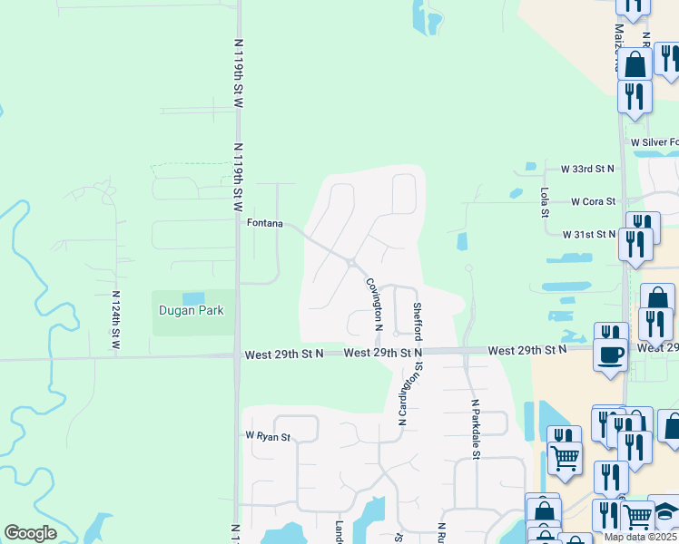 map of restaurants, bars, coffee shops, grocery stores, and more near 3133 North Landon Circle in Wichita
