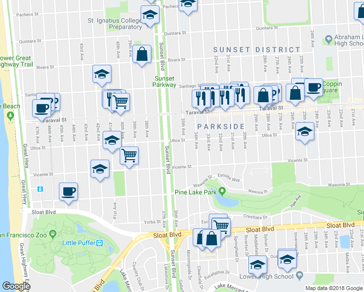 map of restaurants, bars, coffee shops, grocery stores, and more near 2519 35th Avenue in San Francisco