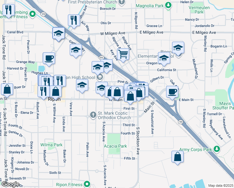 map of restaurants, bars, coffee shops, grocery stores, and more near 122 North Elm Avenue in Ripon