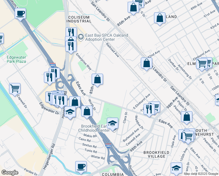 map of restaurants, bars, coffee shops, grocery stores, and more near in Oakland