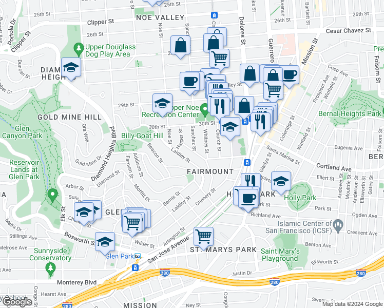map of restaurants, bars, coffee shops, grocery stores, and more near 241 Randall Street in San Francisco