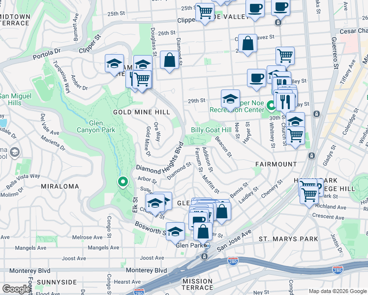 map of restaurants, bars, coffee shops, grocery stores, and more near 5526 Diamond Heights Blvd in San Francisco