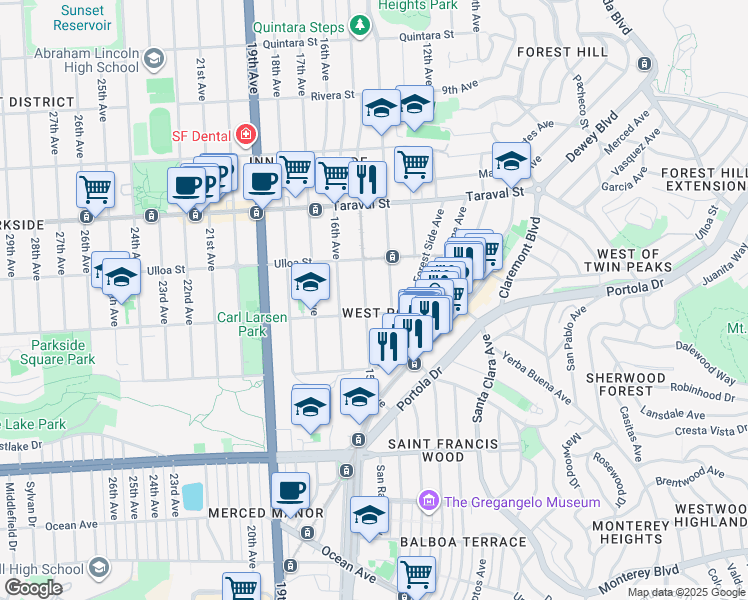 map of restaurants, bars, coffee shops, grocery stores, and more near 2579 14th Avenue in San Francisco