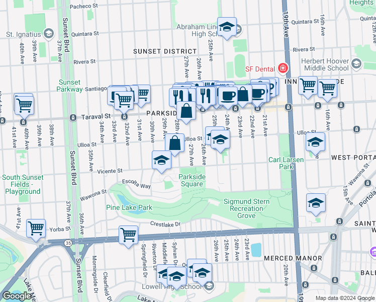 map of restaurants, bars, coffee shops, grocery stores, and more near 2540 27th Avenue in San Francisco