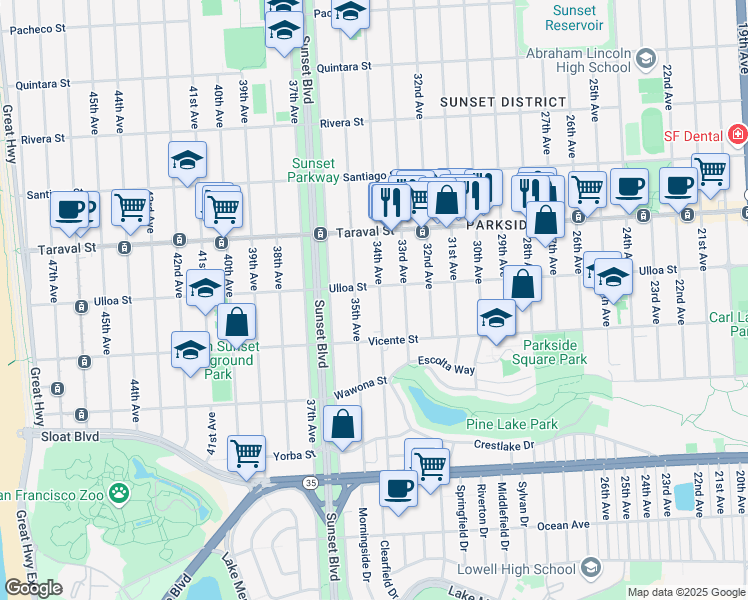 map of restaurants, bars, coffee shops, grocery stores, and more near 2522 34th Avenue in San Francisco