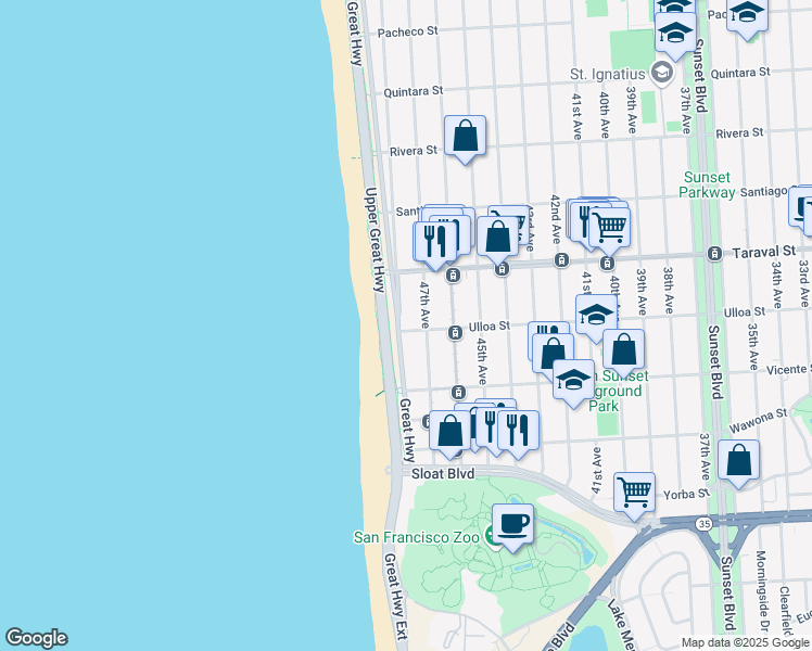 map of restaurants, bars, coffee shops, grocery stores, and more near 2490 Great Highway in San Francisco