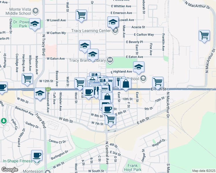 map of restaurants, bars, coffee shops, grocery stores, and more near 47 West 11th Street in Tracy