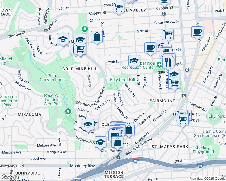 map of restaurants, bars, coffee shops, grocery stores, and more near 8 Farnum Street in San Francisco