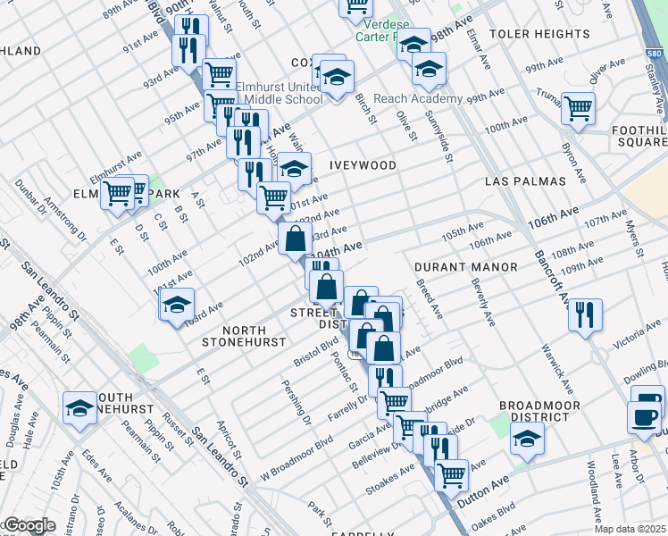 map of restaurants, bars, coffee shops, grocery stores, and more near 1439 105th Avenue in Oakland