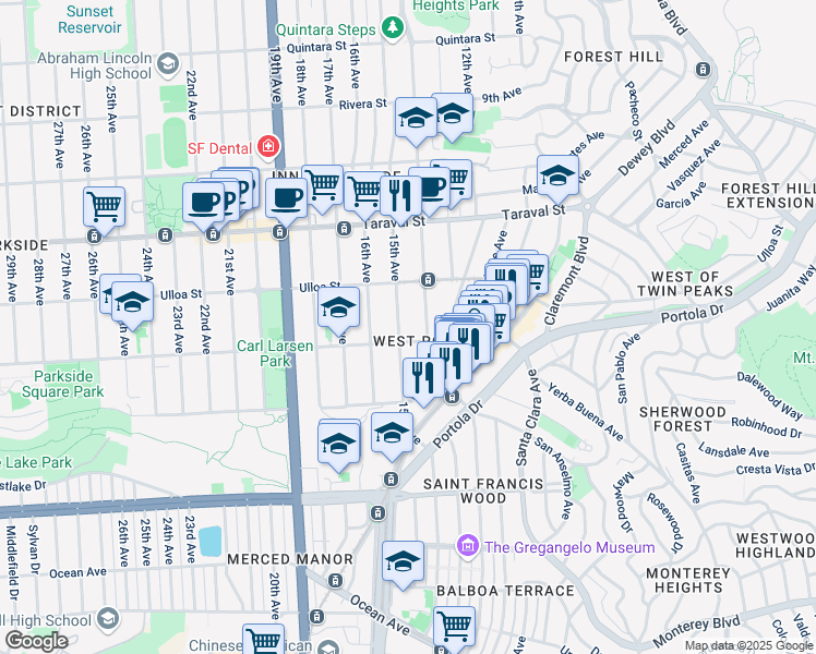 map of restaurants, bars, coffee shops, grocery stores, and more near 2579 14th Avenue in San Francisco