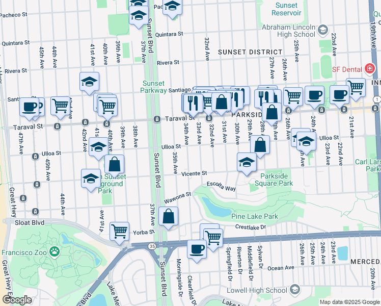 map of restaurants, bars, coffee shops, grocery stores, and more near 2522 34th Avenue in San Francisco
