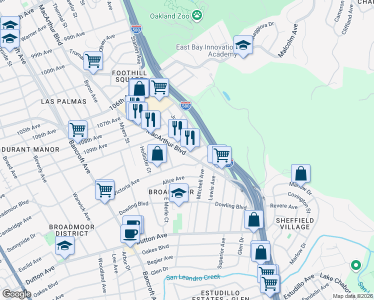 map of restaurants, bars, coffee shops, grocery stores, and more near 340 MacArthur Boulevard in San Leandro