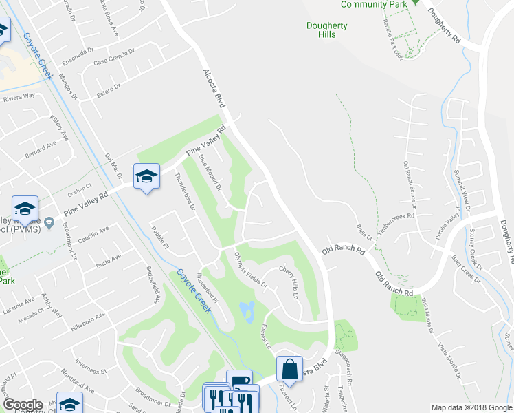 map of restaurants, bars, coffee shops, grocery stores, and more near 312 Harding Place in San Ramon
